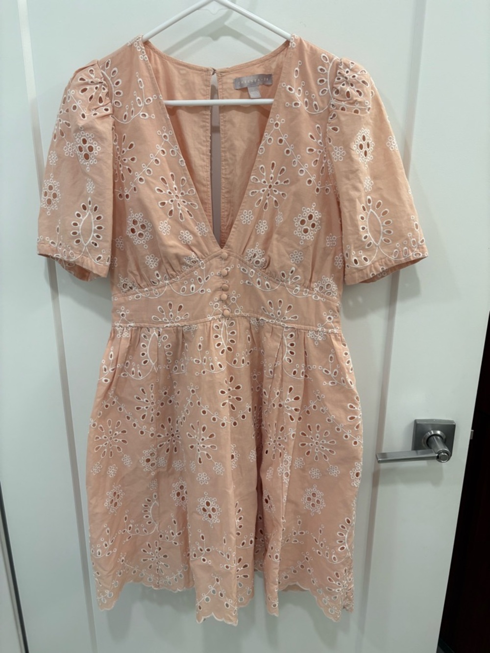 Chelsea28 Blush Pink Embroidered Eyelet Fit and Flare Mini Dress Size Large - Picture 2 of 15